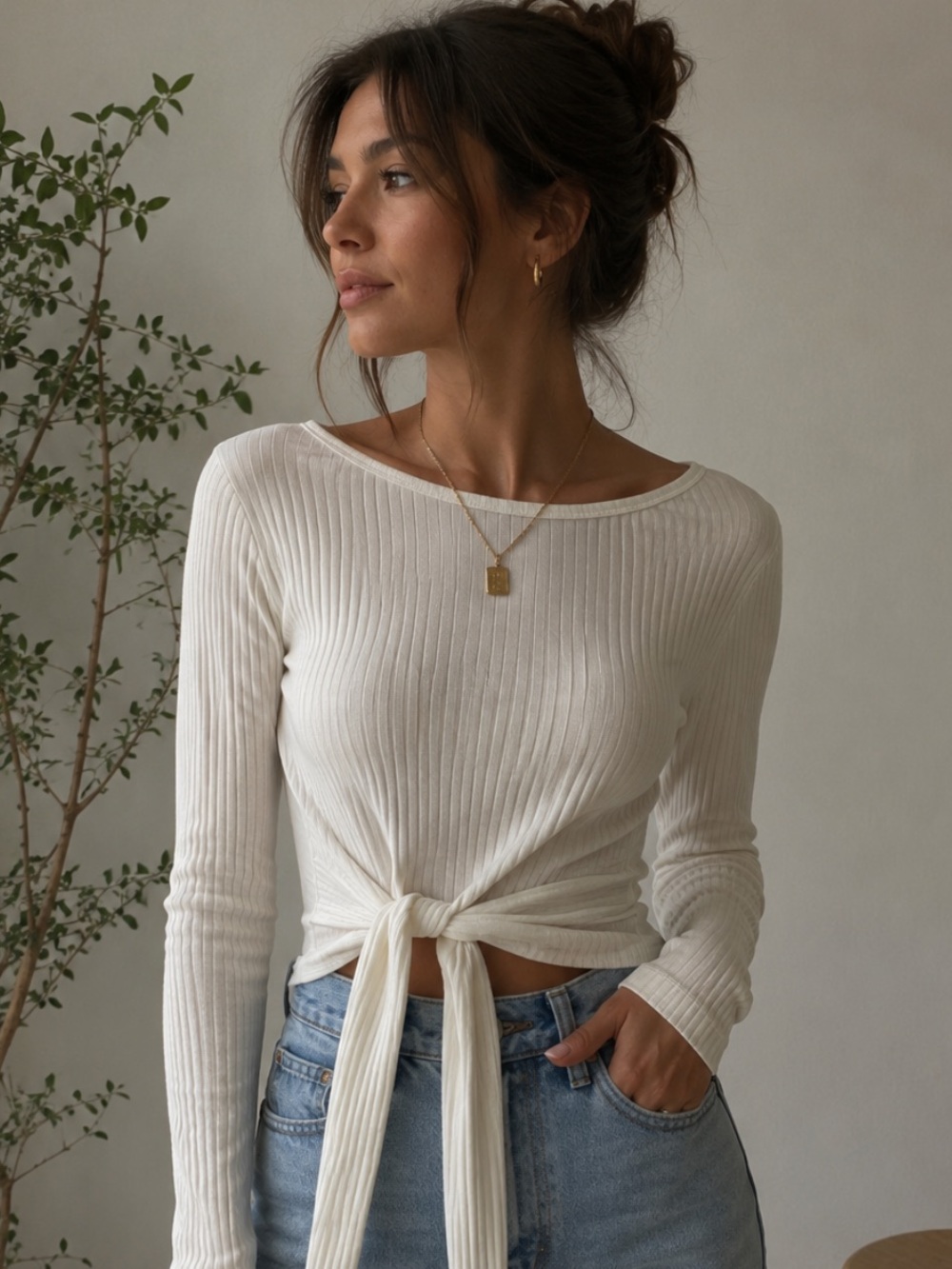 Hollister Cream Ribbed Long-Sleeve Wrap Top